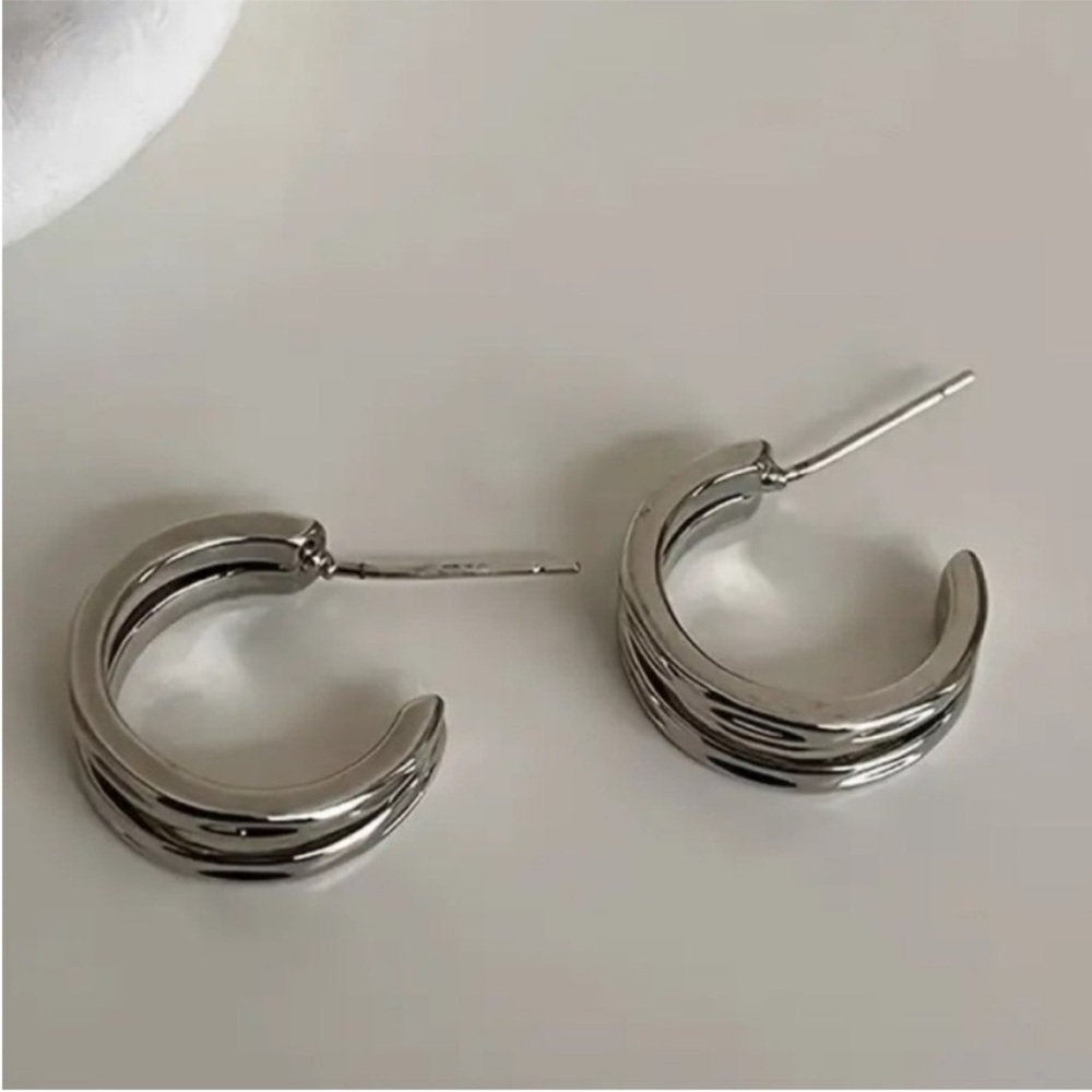 Classic Double Hoop Sterling Silver Earrings - Women Jewelry - Picture 2 of 4